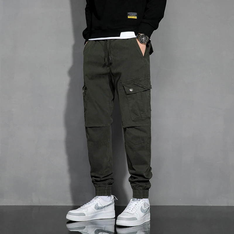 

2022 Spring Mens Cargo Pants Male Trousers Streetwear Cotton School Fashions Pocket Casual Ankle Length Clothing Khaki Z344