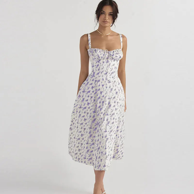 Robe à bretelles imprimée florale pour femmes, robe trapèze élégante, couleur unie, coupe couvertes, fente latérale, taille, été 2023 24