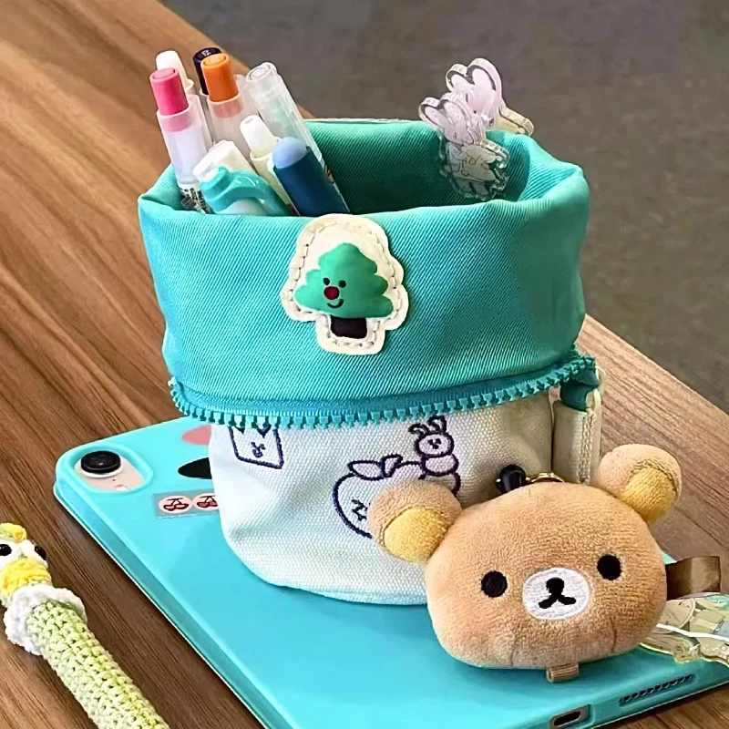 스탠딩 연필 케이스 캔버스 대용량 수직 플립형 귀여운 곰 펜던트가 있는 일본식 중학교 대학생용
