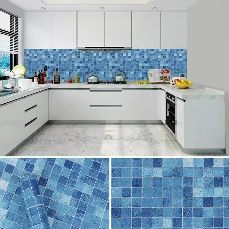 Classic Kitchen and Bathroom Waterproof Stickers, PVC self-adhesive Wall Paper, Blue Mosaic Stickers on the Wall paper Roll 300 pcs food date label blue border blank writable waterproof stickers kitchen food box stickers storage date content stickers