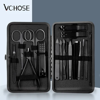 Black Nail Clipper Set Stainless Steel Manicure Care Tool With Travel Case Kit