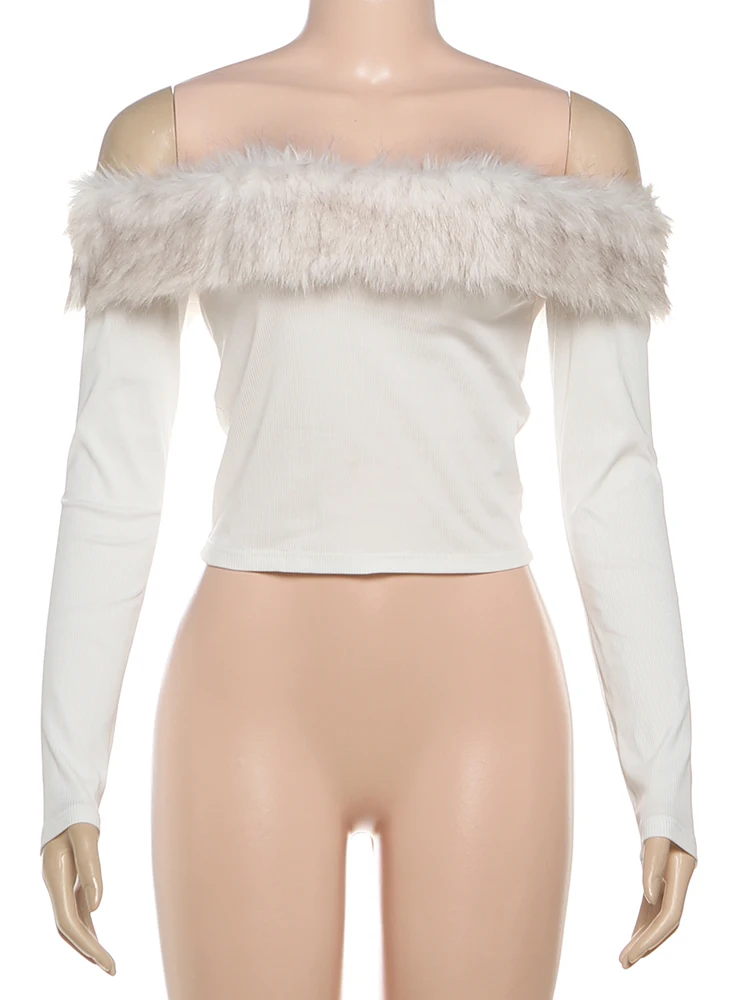 Nibber Hottie Patchwork Crop Tops Women Sexy Furry Off The Shoulder Street Clubwear Wild Stretch Slim Elegant Simple T-Shirt