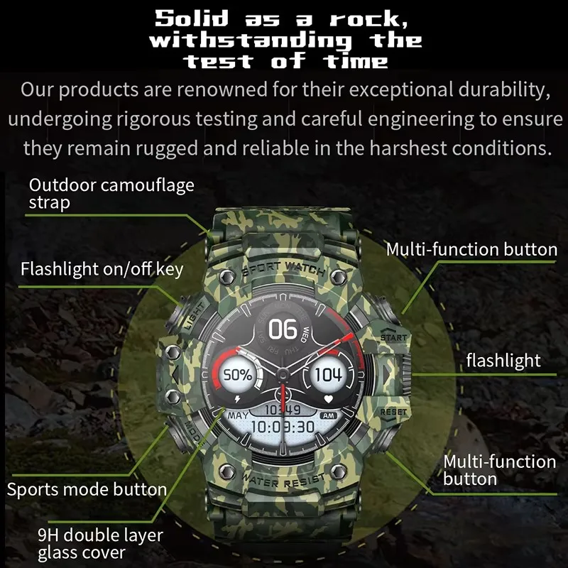 2026 Rugged Sports Smart Watch Bluetooth Calls Colorful Waterproof Military Smartwatches with Flashlight SOS COMPASS for Phone 6