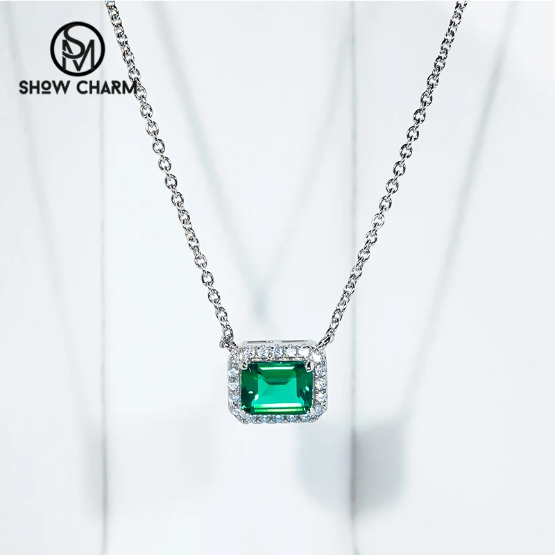 

Vintage S925 Sterling Silver Necklace Green Emerald Pendant High Carbon Diamond Clavicle Chain Fine Jewelry for Women Luxury