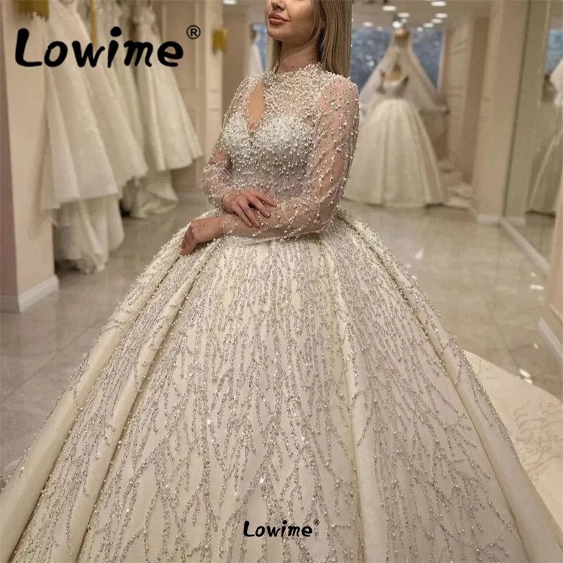 

Glitter Sequins Long Sleeves Reception Dress For Bride Wedding Dresses Beads Pearl Crystal Bridal Gowns Robe Mariage Customized