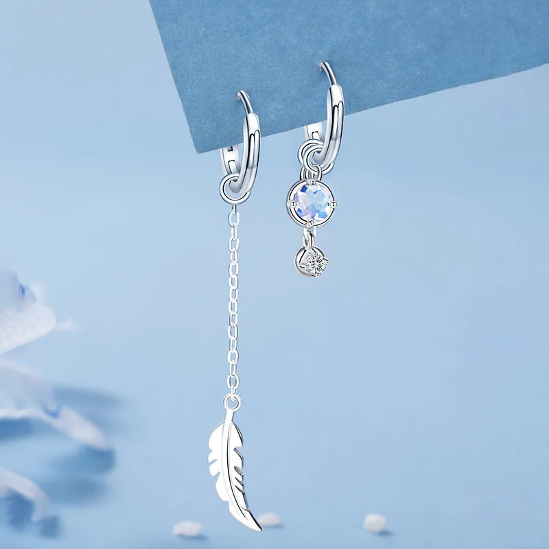 VOQ Asymmetric Moonstone Feather Drop Earrings for Women Personality Tassel Ear Line Ear Buckle Luxury Jewelry