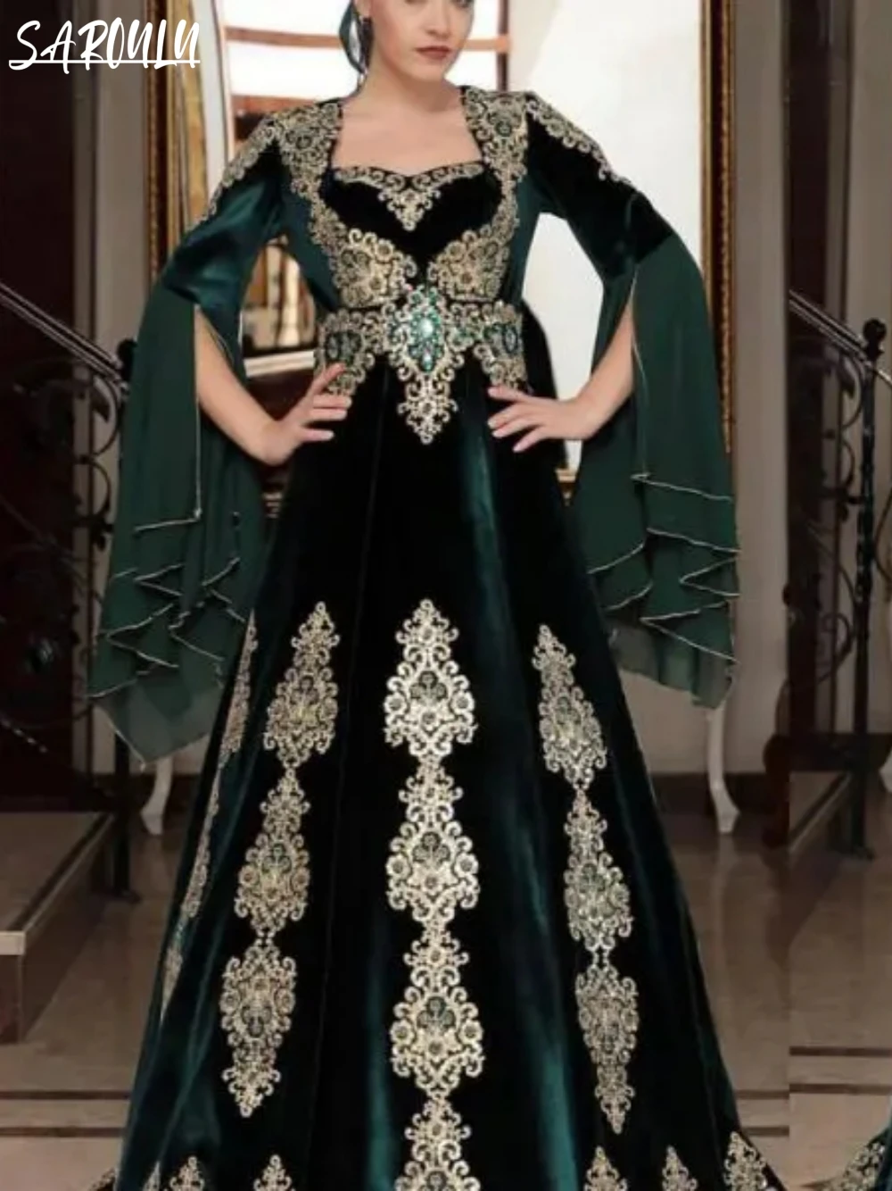 Modest Sweetheart Neck Evening Dress Muslim Party Kaftan Caftan Appliques Beading Dress Elegant A-line Gown Vestidos De Gala