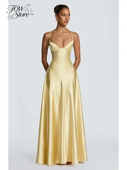 Elegant Satin Spaghetti Strap Long Dress Women Solid Bustier Sleeveless High-waist A-line Dresses Female Summer Evening Vestidos