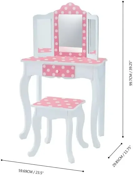 Kids Princess Gisele Polka Dot Print 2-Piece Kids Wooden Play Vanity Set with Vanity Table, Tri-Fold Mirror, Storage Dra 4