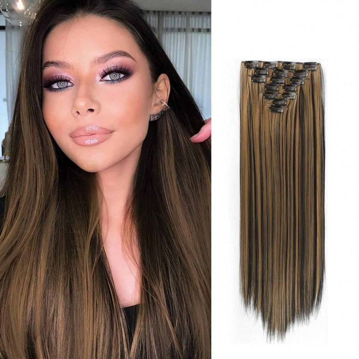 7-Piece Clip-In Hair Extension Set Long Straight Synthetic Strands Multiple Natural Shades  Easy Apply Remove for All Occasions