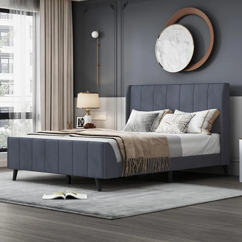 

Upholstered velvet full-size platform bed with headboard and footboard for easy assembly of bedroom bed