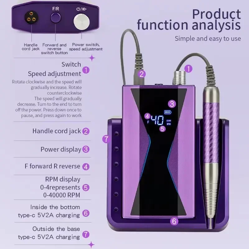 Brushless Nail Drill Lasting 40000RPM Nail Drill Machine 85W Handle Manicure Portable Tool Nail Drill 4
