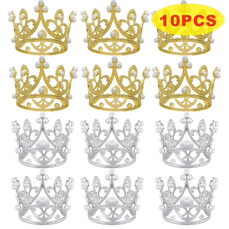 

10Pcs Mini Crown Cake Decoration Pearl Tiara Gold Silver Crowns Cake Topper for Children Hair Ornaments Wedding Birthday Party