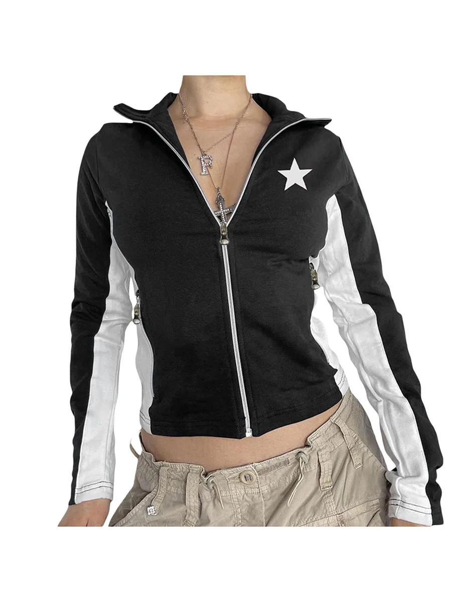 

Women's Spring Autumn Casual Coat Long Sleeve Lapel Star Print Zipper Outerwear with Pockets