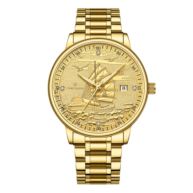 Luxurious Gold Men's Watch with Luminous Dial and Calendar Function