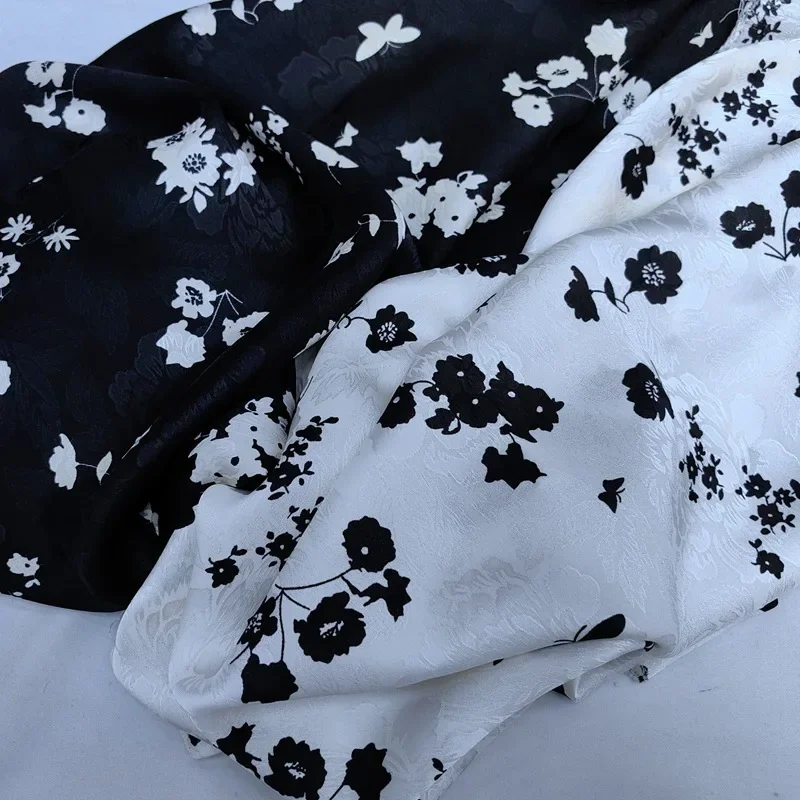 Black White Embroidered Satin Print Fabric for Dresses Cheongsam Traditional Chinese Style Spring Hot Sale Of The Season Fashion