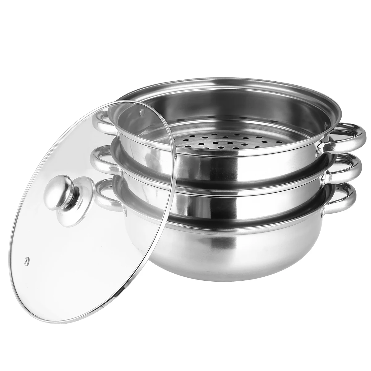 Cuiseur Induction Inox Cuiseur Vapeur 3 Étage BJTDLLX - Inox 28cm - Compatible Induction - Couvercle Verre - Sain Et Pratique Marmite Vapeur 28cm