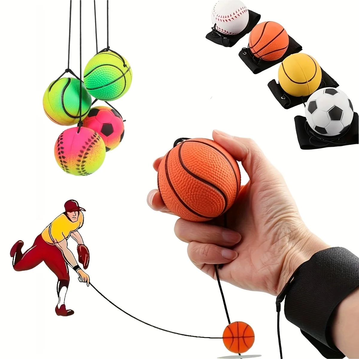 1PC Basketball Wrist Bouncing Ball, High Elasticity Hand Throw Training Ball, Wristband Kit, Outdoor Activity Props