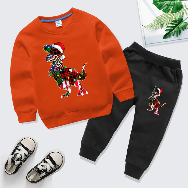 Winter Children's Clothing Sets Christmas Grid Dinosaur Pullover+Pants 2pc Set Cartoon Xmas Party Boys Girls Outfit Tracksuits
