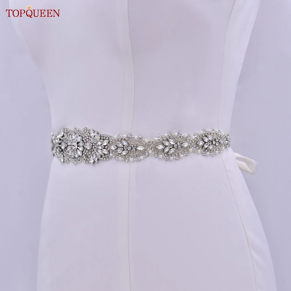 

TOPQUEEN S119 Lengthened wedding belt Silver diamond handmade bridal dress belt dress belts for women belt