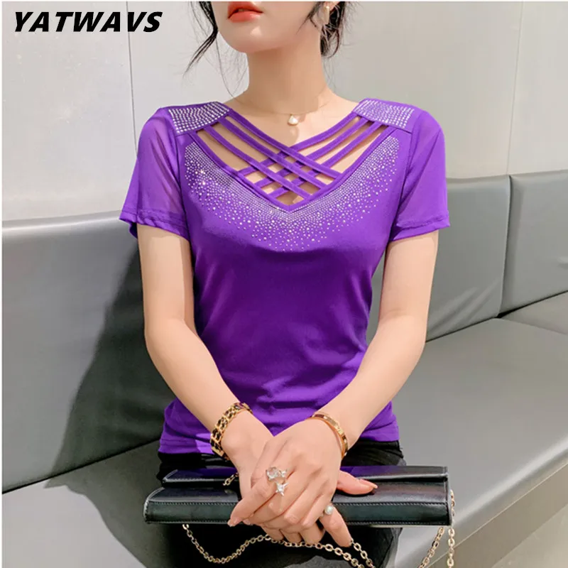 

2023 Summer New Women Mesh Tops Fashion Sexy Cross Hollow Out Hot Diamonds Short Sleeved Shirt Streetwear Elasticity T-Shirt Tee