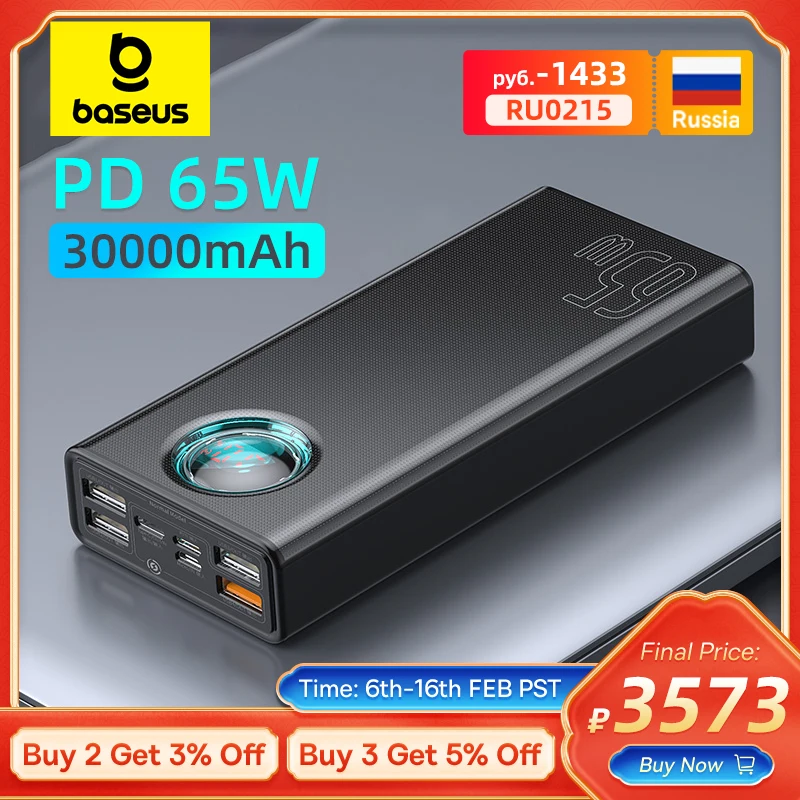 Baseus 65W Power Bank 30000Mah Pd Quick Charge Fcp Scp Powerbank Caricabatterie Esterno Portatile Per Smartphone Laptop Tablet
