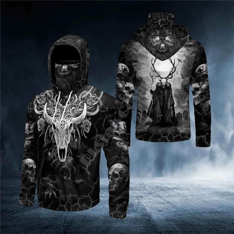 PLstar Cosmos Long Horn Skull 3D Print Bandana Hoodie US Size Women Men Casual Pullover Hoodie Mask Warm