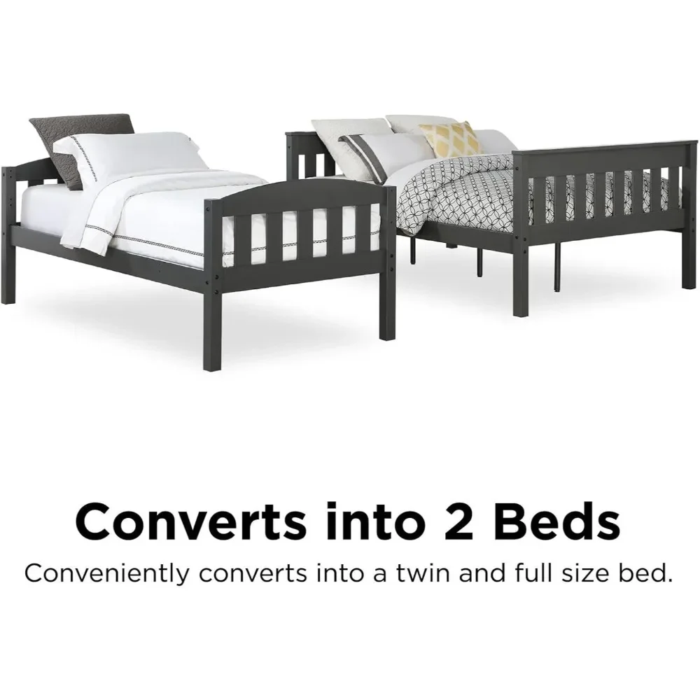 NEW-DHP Airlie Convertible Wood Bunk Bed Twin Over Full Size, Stackable and Detachable Bed Frames for Kids, Teens, Angled Ladder