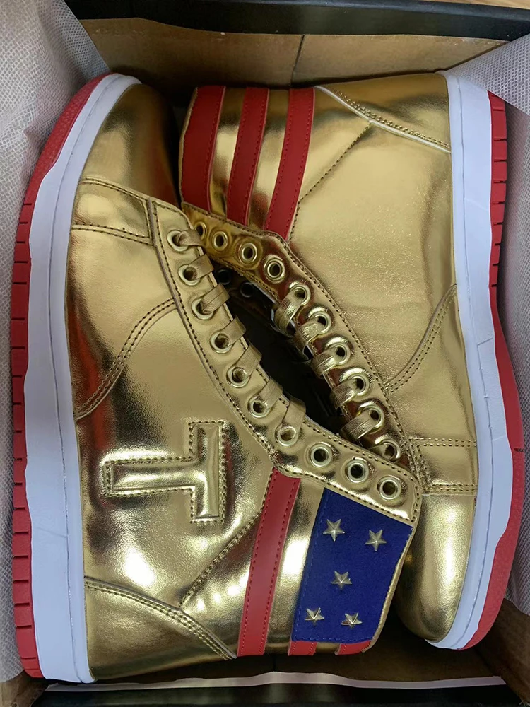 MAGA Trump Never Surrender High top Gold Sneakers Gym Shoes Men's Casual Boots Road Sneakers