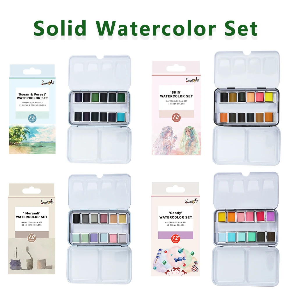 12 Color Solid Watercolor Set Metal Package Morandi/Ocean&Forest/Candy/Skin color for Painting Art Supplies