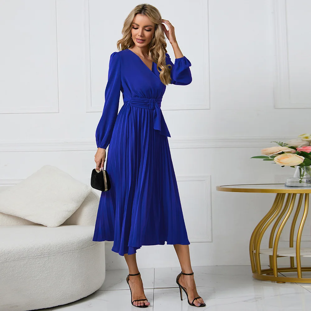 Women's Long Sleeved Slim Fit Pleated Belt V-neck Dress A-line Skirt