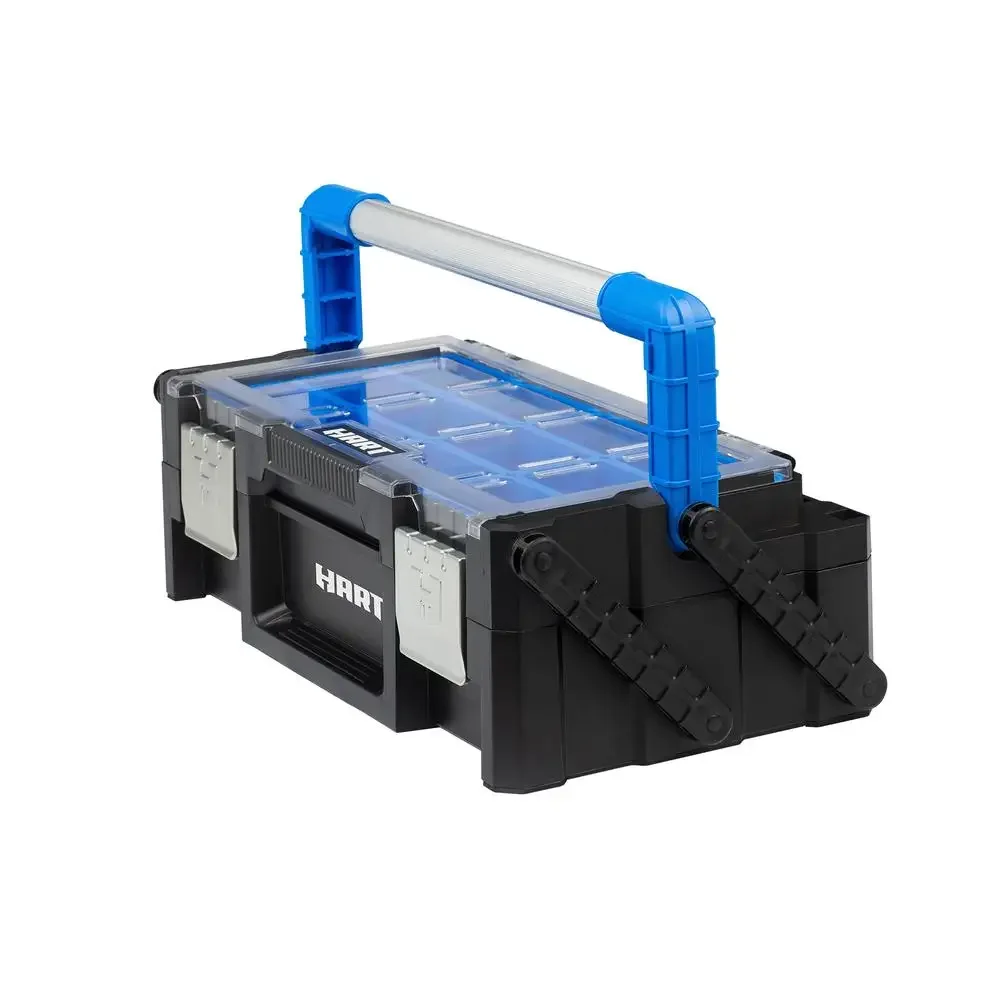 HART 18" Cantilever Organizer Resin Tool Storage Black Blue Accents Bins Metal Latches Stable Base Storage Solution Easy 5