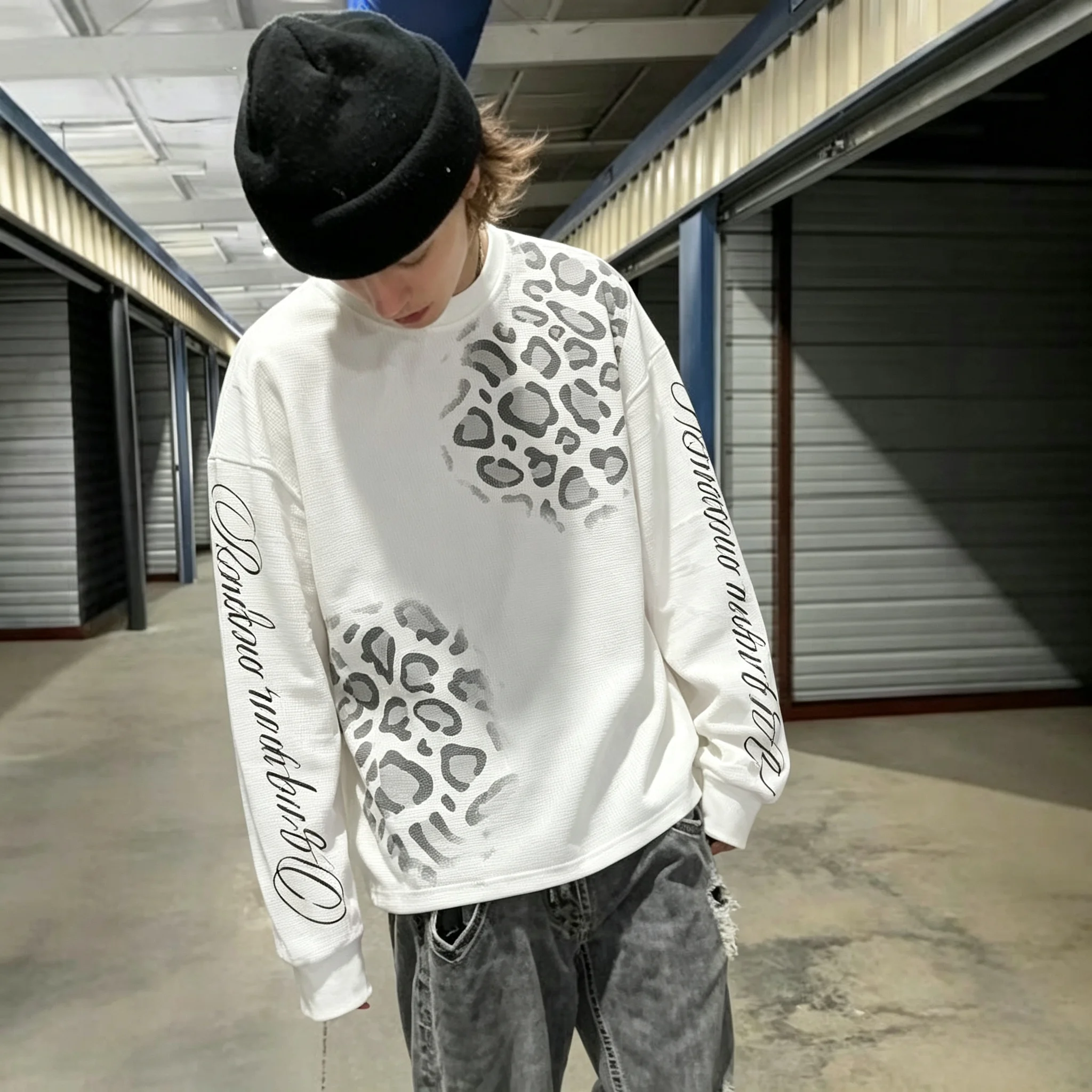 Herren Y2K Waffelstrick Langarm-Oberteil mit Leopardenmuster und Schriftzug, Locker Sitzendes Vintage Grunge Streetwear Casual Basic T-Shirt