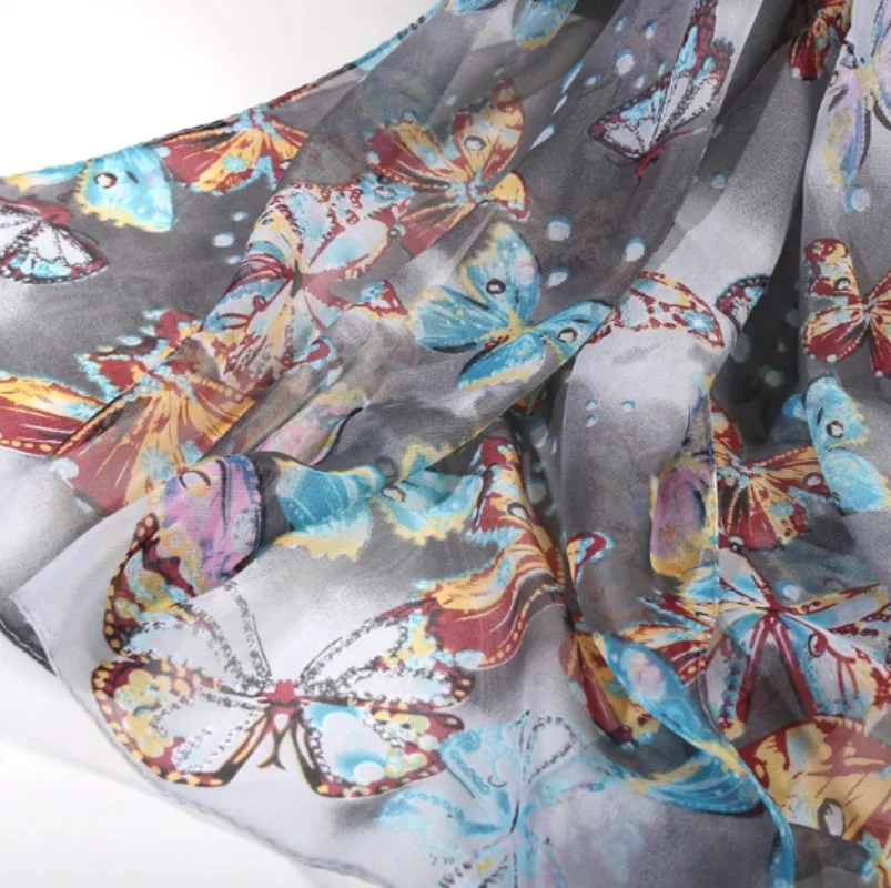 Ultra-thin Soft Chiffon Sun Protection Beach Towel Butterfly Printed Long Women's Shawl Scarf