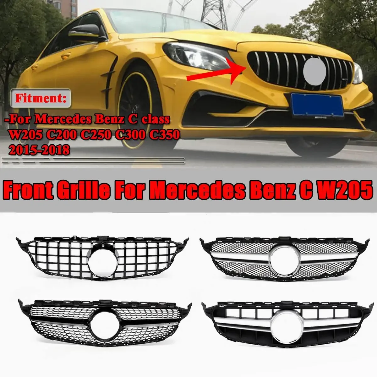 

Diamond/GTR/AMG/C63S Style Front Bumper Radiator Grill For Mercedes For Benz C Class W205 C200 C250 C300 C350 2015-2018 Body Kit