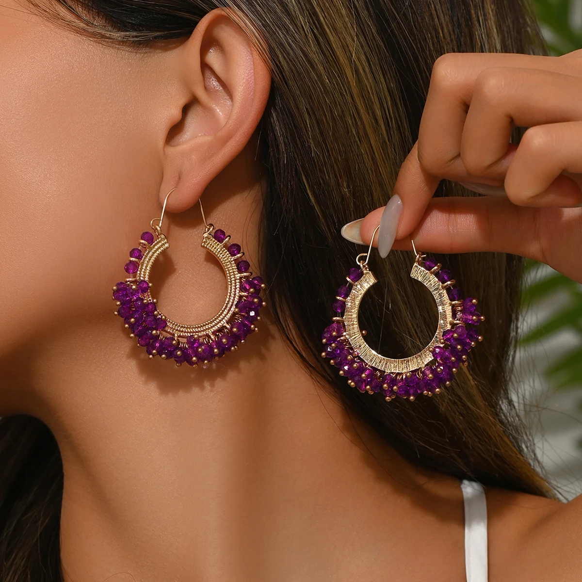 Boho Vintage Elegant Crystal Beaded Hoop Earrings for Women Handmade Colorful Geometric Metal Earring Summer Party Jewelry Gift