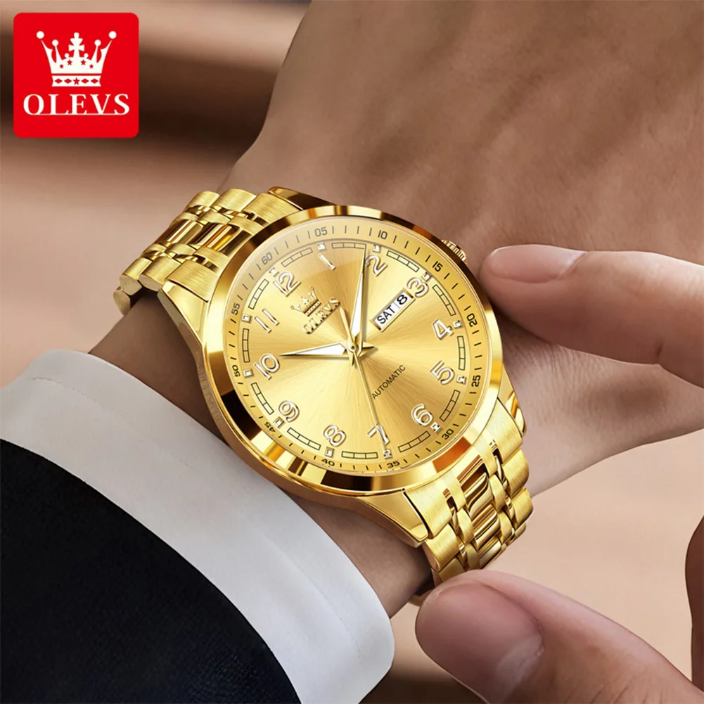 OLEVS 7077 Automatic Watch Man Original Mechanical Watch For Men Fashion Luxury Steel Strap Waterproof Dual Calendar Wristwatch