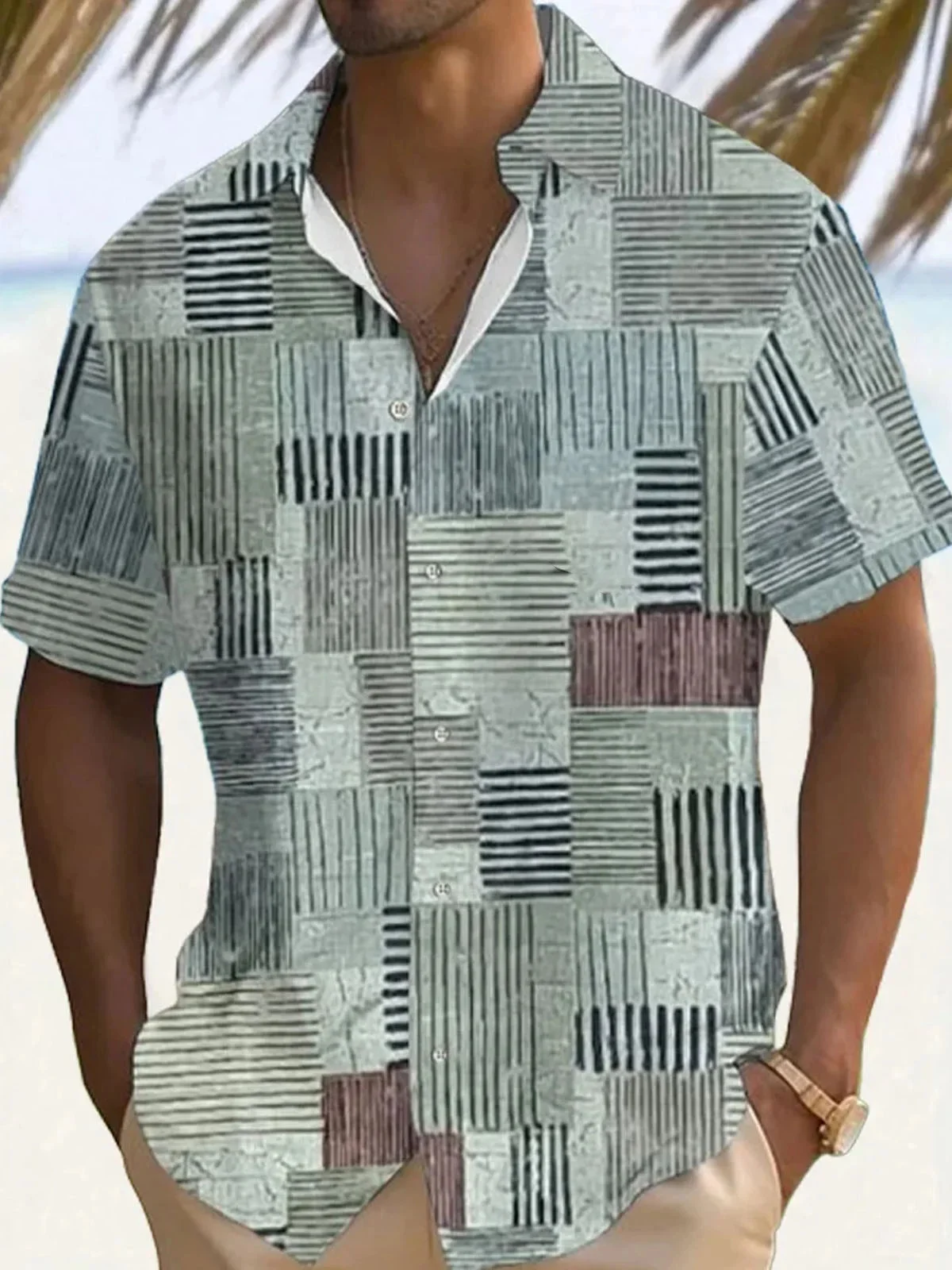 Summer retro plaid print pattern short sleeved lapel single breasted shirt Hawaiian shirt casual men's top comfortable fabric 2
