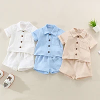 Tenue d'été décontractée en coton et lin pour bébés garçons, couleur unie, manches courtes, poche boutonnée, chemise à revers + Short, ensemble de vêtements 2 pièces 1