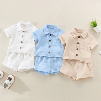 Cotton Linen Casual Toddler Baby Boys Summer Outfits Solid Short Sleeve Pocket Button Down Lapel Shirt + Shorts 2PCS Clothes Set 1