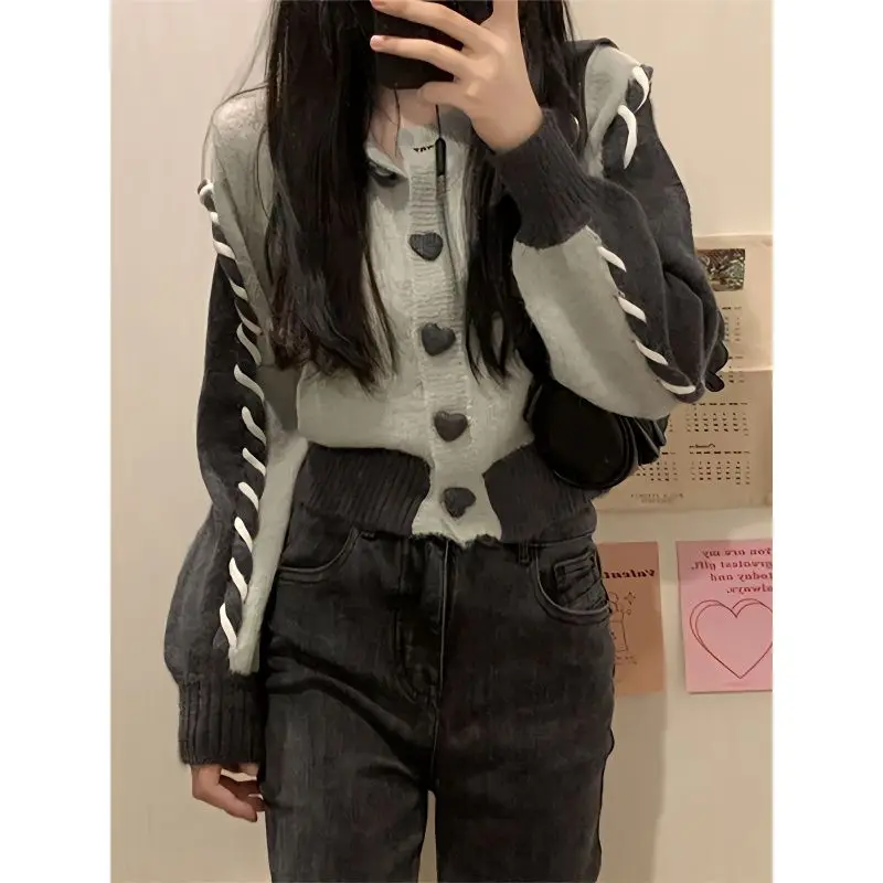 

Harajuku Y2K Gray Cropped Sweater Cardigan Women Kpop Streetwear Patachwork Design Jerseys Jumper Korean Knitted Tops