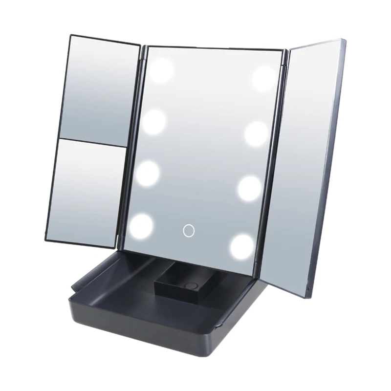 Trifold Led Makeup Mirror with Storage Box Vanity Lighted Mirrors 180