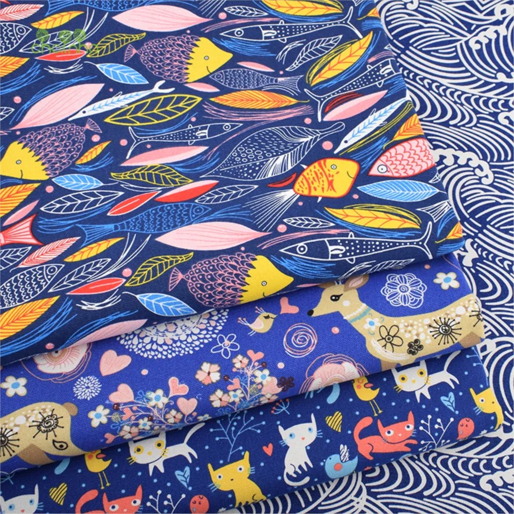 Chainho,Cotton Canvas Fabric,Handmade Sewing & Quilting Cloth,Blue Cartoon Series,Sofa,Curtain,Bag,Cushion Material,3 Size,CF07
