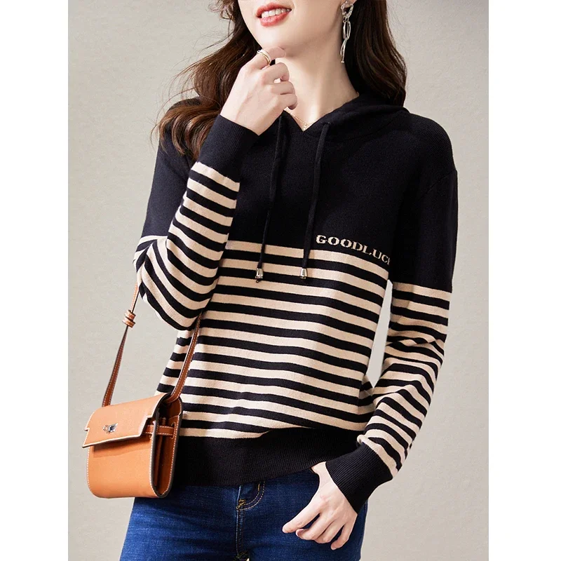 Casual Fashion Girls Hooded Hoodies Knit Stripe Printing Spring Fall Design Women Hoodie