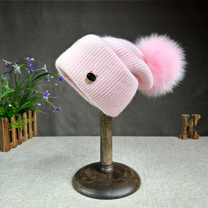 Fashion Warm Wool Angora Rabbit Hair Winter Fox Hair Ball Knitted Urine Cap Women's Thick Triple Fold Ski Outdoor Hat 4