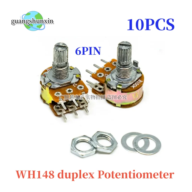 10pcs WH148 duplex Potentiometer 6-pin 15mm shaft with nut and washer B1K B2K B5K B10K B20K B50K B100K B500K B250K B1M