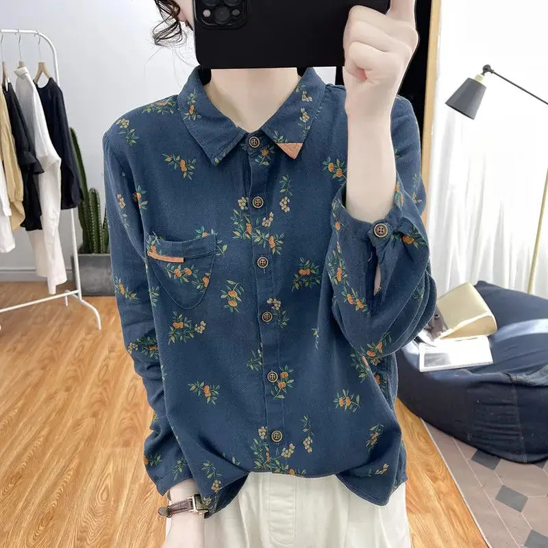 

Elegant Women Casual Long Sleeve Chic All-match Basic Lapel Turn Down Collar Print Streetwear Clothes Spring Autumn