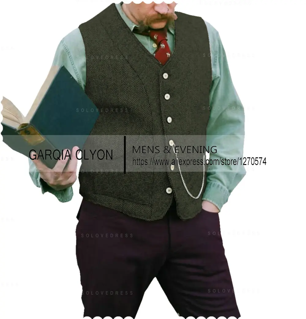 Men's Herringbone Vest With Two Real Pocket Single Breasted Tweed Vests Slim Business Sleeveless Waistcoat For Wedding