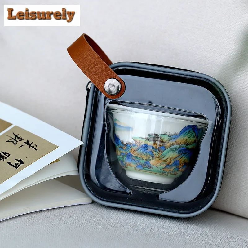 Landscape White Porcelain Travel Tea Set Kit Japanese 1 Pot 3 Cup Household Tea Making Gaiwan Organizer Portable Camping Handbag