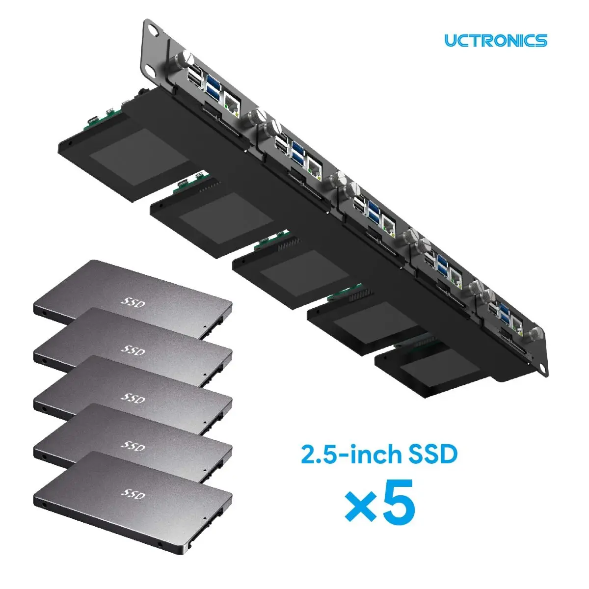 UCTRONICS 19" 1U Raspberry Pi Rackmount, SSD Bracket for Any 2.5" SSDs, Hold Up to 5 Raspberry Pi 4B Boards, Front-Removable wit